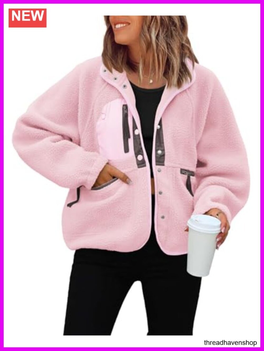 Womens Sherpa Fleece Jacket Cropped Lapel Button Down Long Sleeve Winter Coat